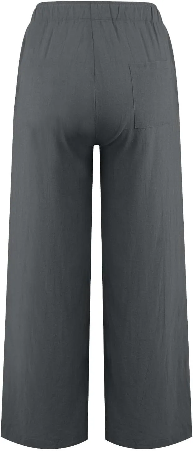Cotton Linen Pants Women Petite Wide Leg Palazzo Pants Casual Summer Beach Pants High Waist Trousers Yoga Pants with Pockets