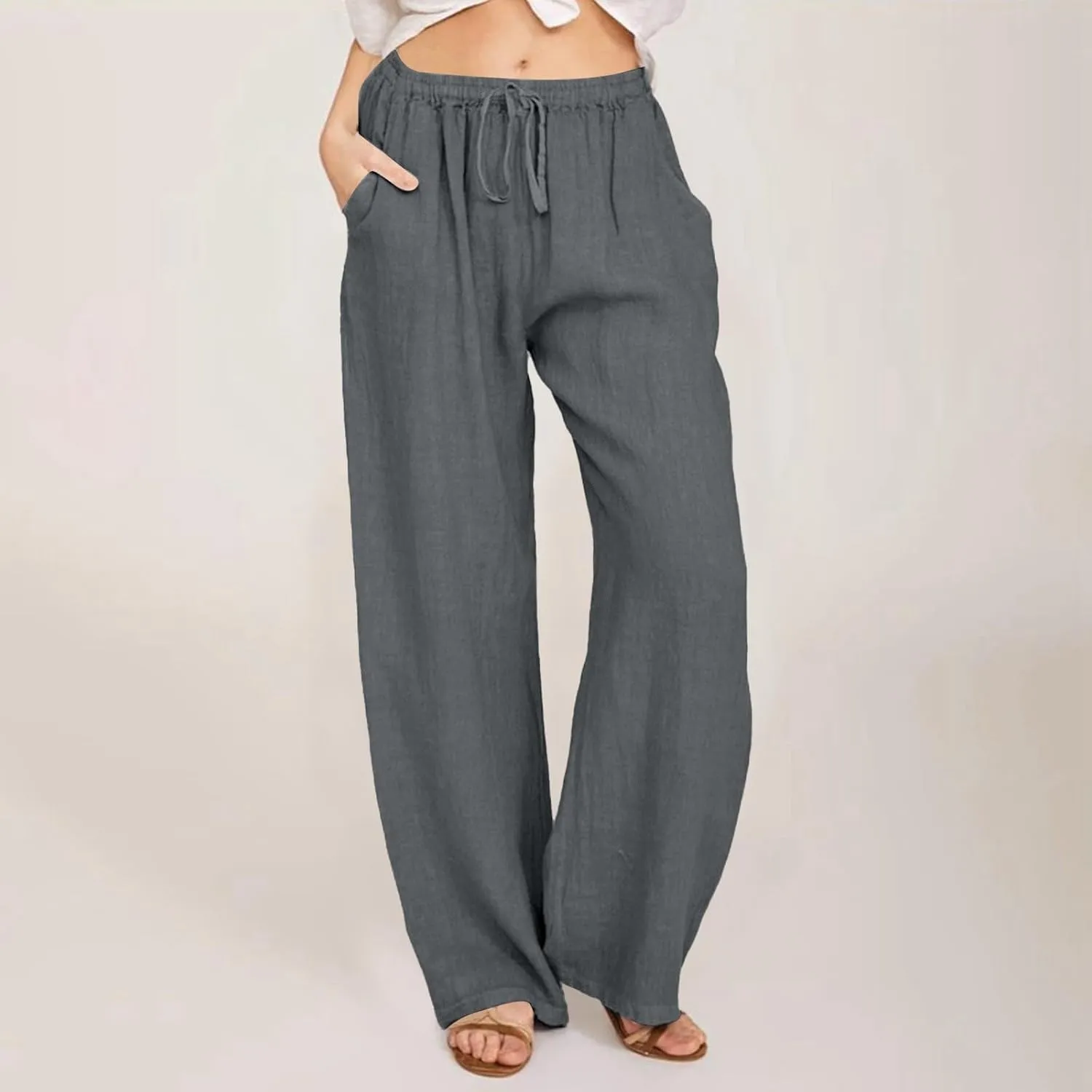 Cotton Linen Pants Women Petite Wide Leg Palazzo Pants Casual Summer Beach Pants High Waist Trousers Yoga Pants with Pockets
