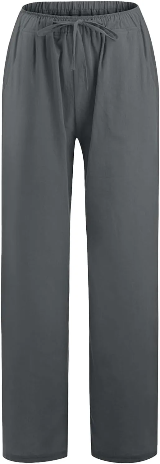 Cotton Linen Pants Women Petite Wide Leg Palazzo Pants Casual Summer Beach Pants High Waist Trousers Yoga Pants with Pockets