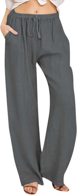Cotton Linen Pants Women Petite Wide Leg Palazzo Pants Casual Summer Beach Pants High Waist Trousers Yoga Pants with Pockets