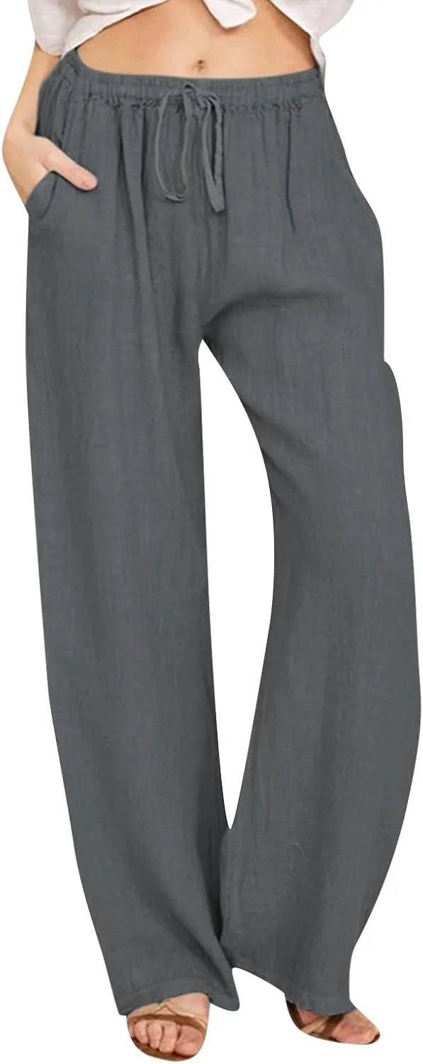 Cotton Linen Pants Women Petite Wide Leg Palazzo Pants Casual Summer Beach Pants High Waist Trousers Yoga Pants with Pockets