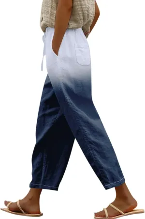 Flowy Linen Pants for Women Drawstring Pants Capri Pants 2025 Pants with Pockets Wide Leg Cropped Pants Wide Leg