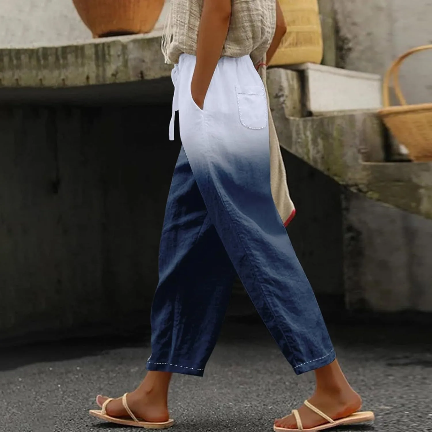 Flowy Linen Pants for Women Drawstring Pants Capri Pants 2025 Pants with Pockets Wide Leg Cropped Pants Wide Leg