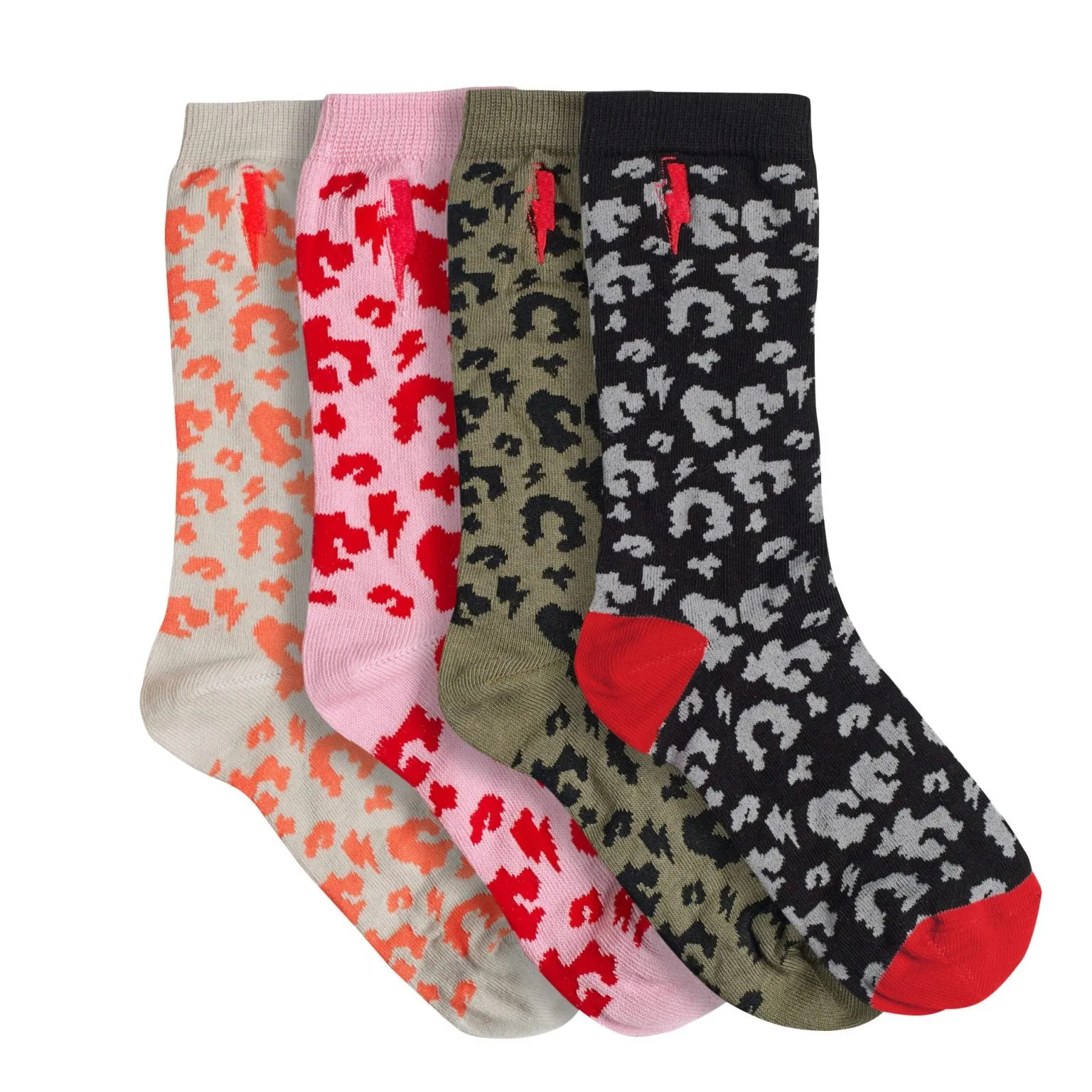 Kids Supercharged Socks Grey with Coral Leopard and Lightning Bolt