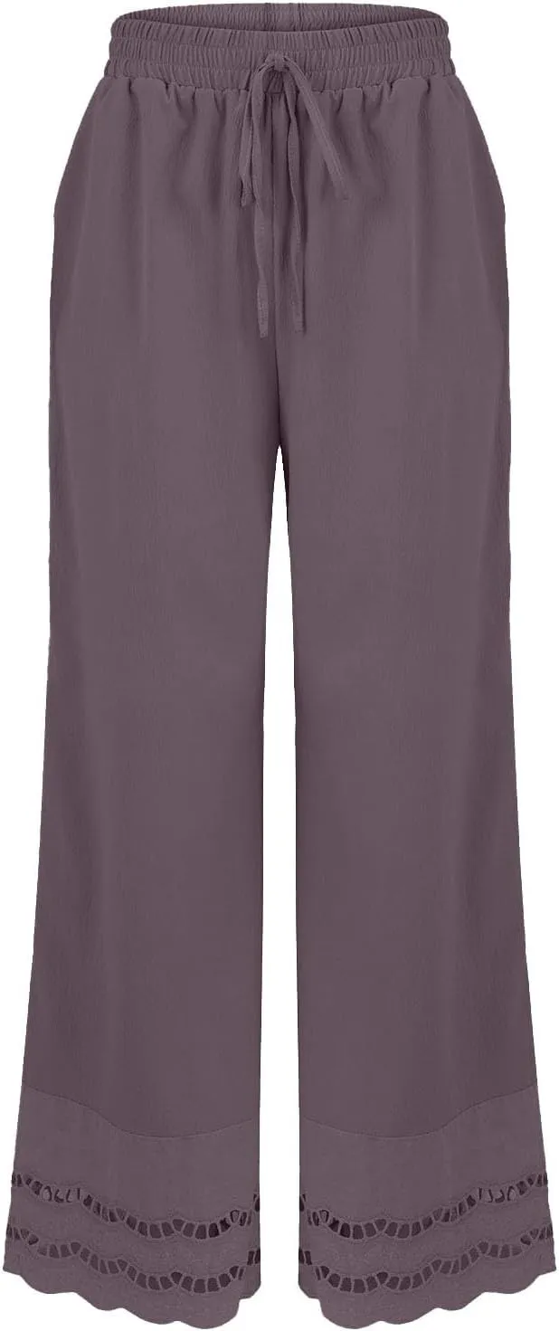 Linen Pants for Women Summer High Waist Elastic Straight Leg Lounge Pant 2025 Loose Lightweight Beach Trousers