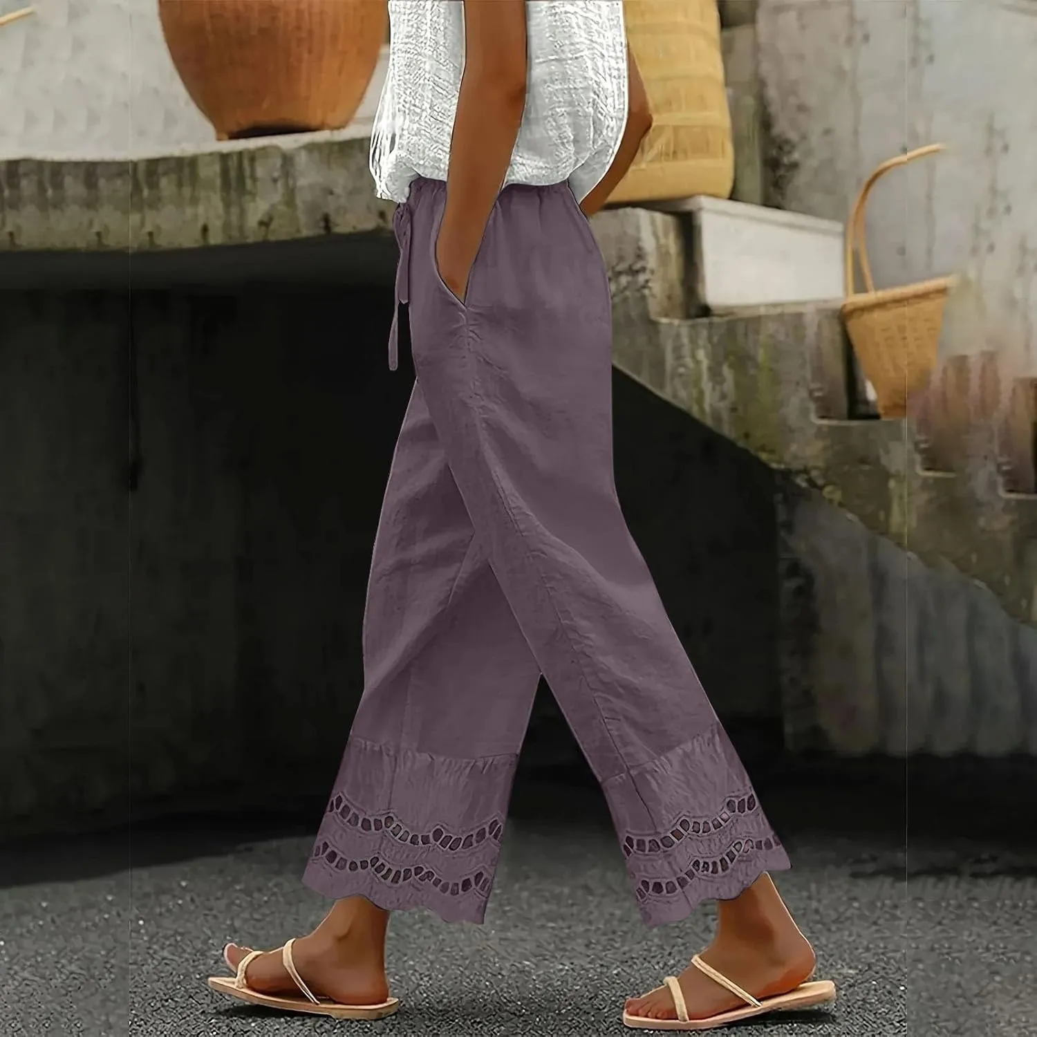 Linen Pants for Women Summer High Waist Elastic Straight Leg Lounge Pant 2025 Loose Lightweight Beach Trousers