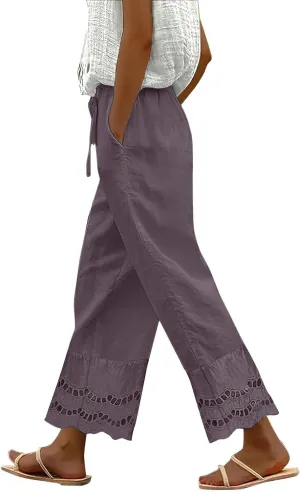 Linen Pants for Women Summer High Waist Elastic Straight Leg Lounge Pant 2025 Loose Lightweight Beach Trousers
