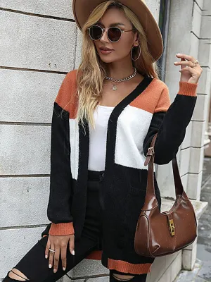 Mid-length Fashion Long-sleeve Color Blocking Cardigan Sweater