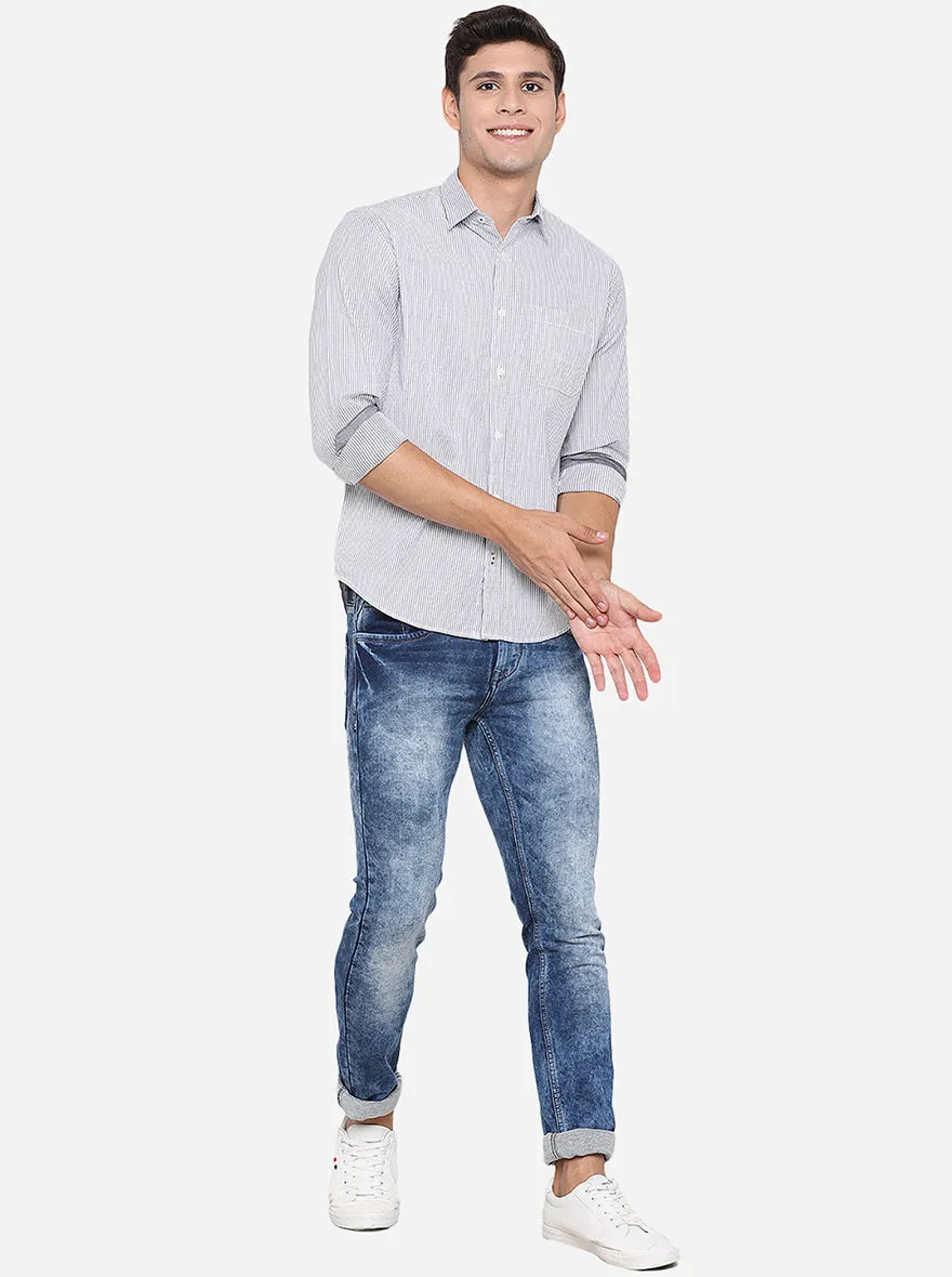 Peacoat White Striped Slim Fit Casual Shirt | Greenfibre