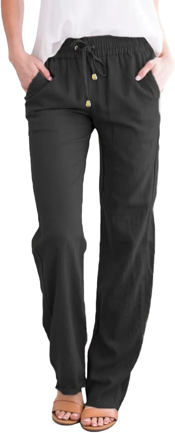 Straight Leg Cotton Linen Pants for Women Summer Casual Pants Boho Beach Pants High Waisted Lounge Pants with Pockets