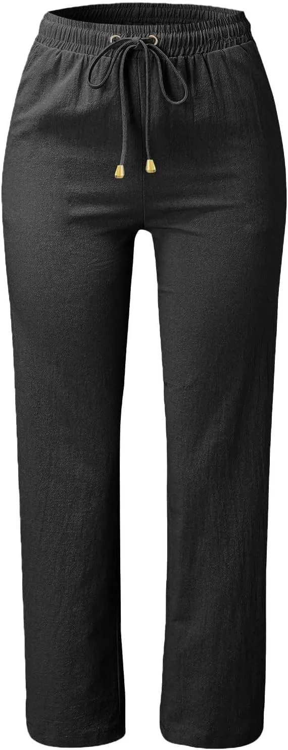 Straight Leg Cotton Linen Pants for Women Summer Casual Pants Boho Beach Pants High Waisted Lounge Pants with Pockets