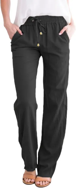 Straight Leg Cotton Linen Pants for Women Summer Casual Pants Boho Beach Pants High Waisted Lounge Pants with Pockets