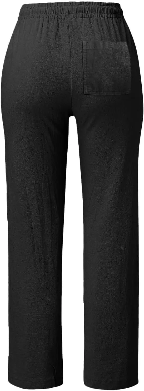 Straight Leg Cotton Linen Pants for Women Summer Casual Pants Boho Beach Pants High Waisted Lounge Pants with Pockets