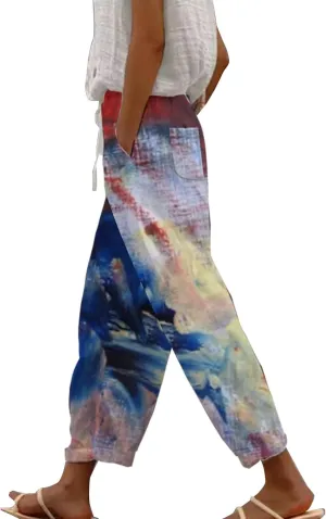 Summer Linen Pants for Women Sleeve Independence Day American Flag Print Family Print Pants Capri Pants 2025 Pants