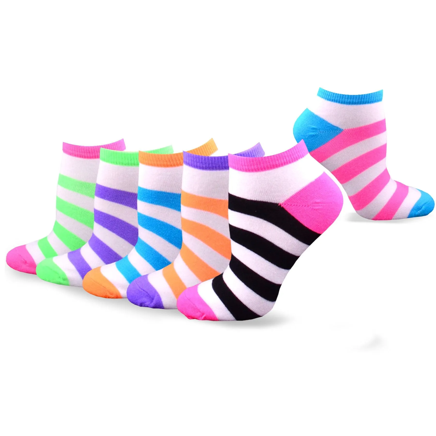 TeeHee Socks Women's Casual Acrylic No Show Solid/Neon Stripe 12-Pack (10226)