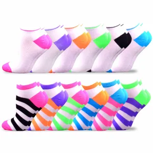 TeeHee Socks Women's Casual Acrylic No Show Solid/Neon Stripe 12-Pack (10226)