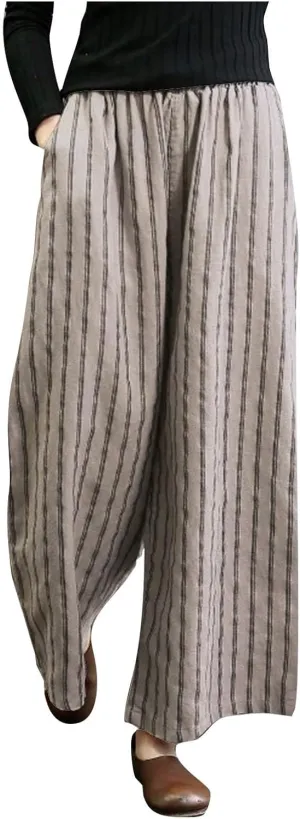Wide Leg Pants Womans Summer Palazzo Capri Culottes for Women Linen Striped Print Vintage Baggy Beach Cropped Trousers