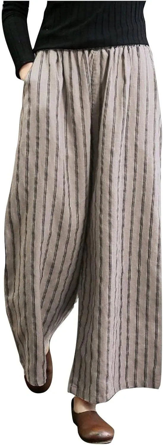 Wide Leg Pants Womans Summer Palazzo Capri Culottes for Women Linen Striped Print Vintage Baggy Beach Cropped Trousers