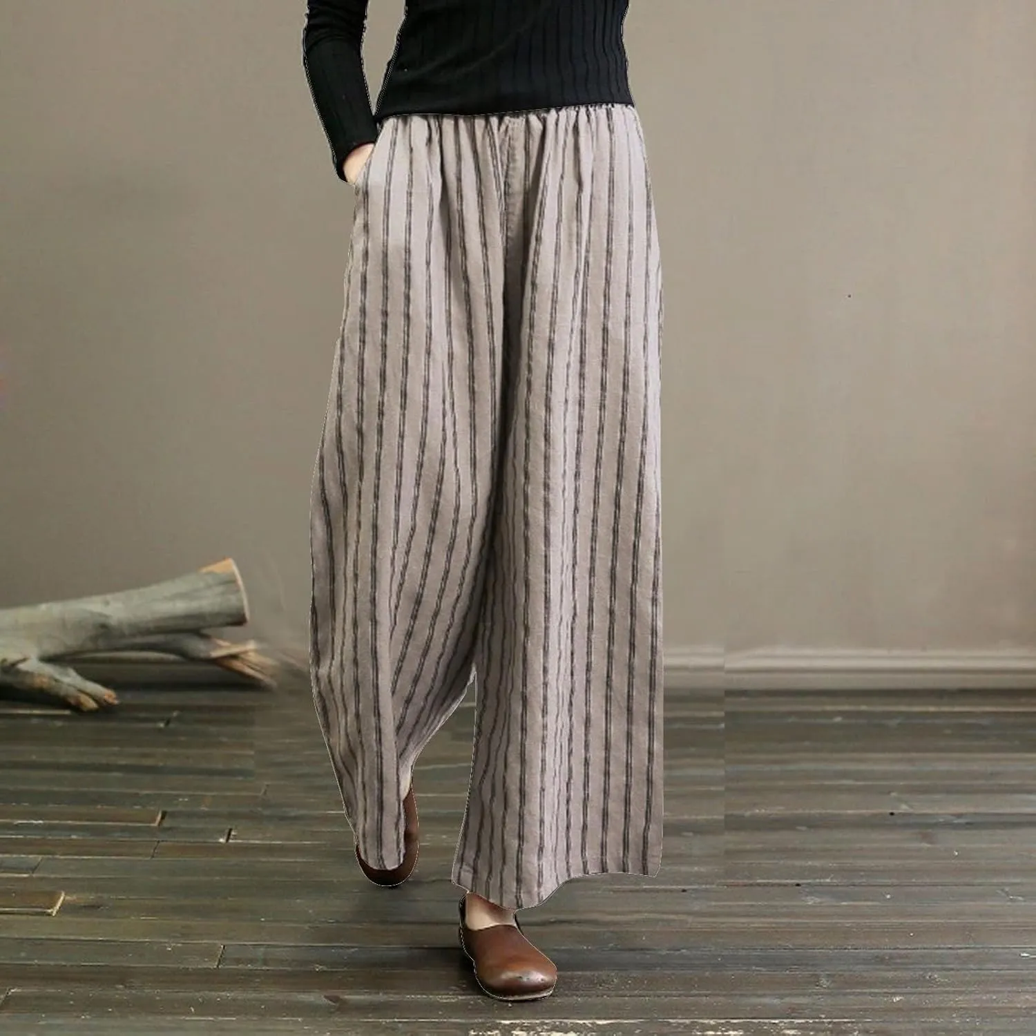 Wide Leg Pants Womans Summer Palazzo Capri Culottes for Women Linen Striped Print Vintage Baggy Beach Cropped Trousers