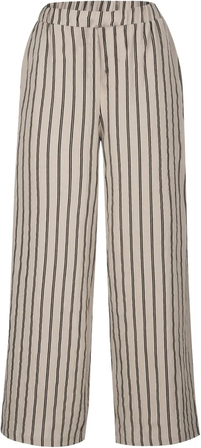 Wide Leg Pants Womans Summer Palazzo Capri Culottes for Women Linen Striped Print Vintage Baggy Beach Cropped Trousers