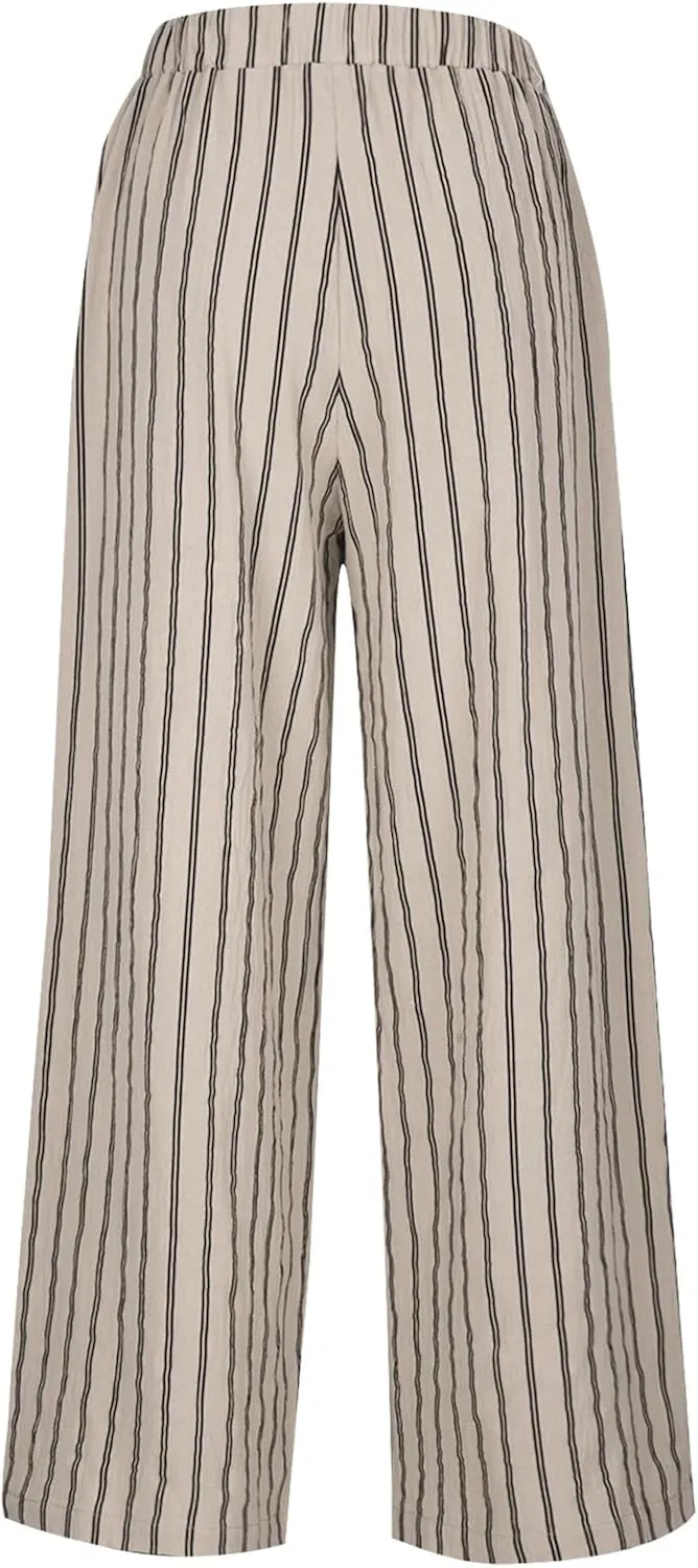 Wide Leg Pants Womans Summer Palazzo Capri Culottes for Women Linen Striped Print Vintage Baggy Beach Cropped Trousers