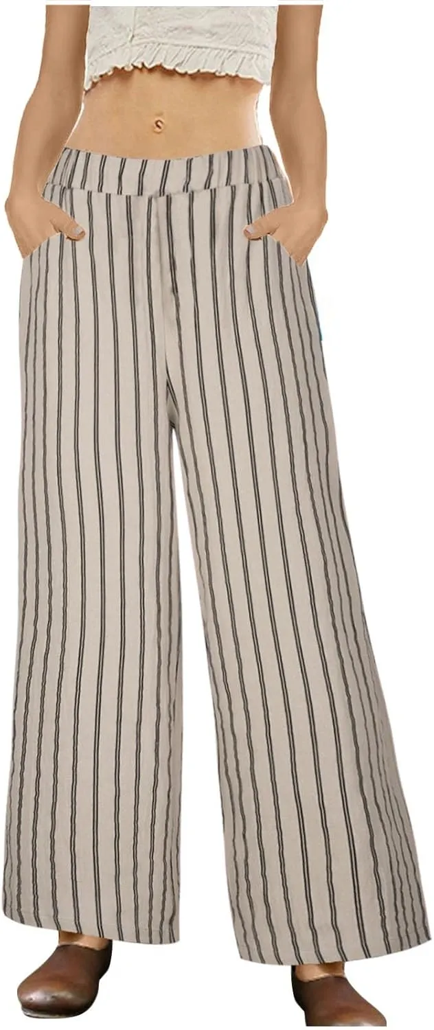 Wide Leg Pants Womans Summer Palazzo Capri Culottes for Women Linen Striped Print Vintage Baggy Beach Cropped Trousers