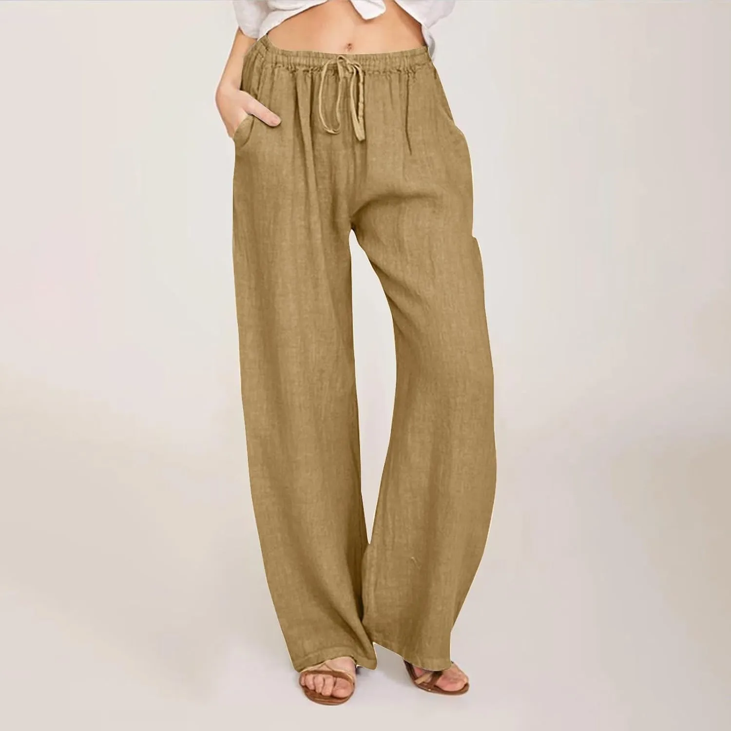 Women's Cotton Linen Pants Flowy Palazzo Pants Boho High Waist Wide Leg Trousers Summer Beach Vacation Outfits 2025